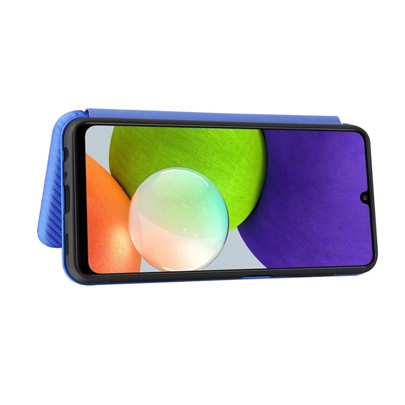 For Samsung Galaxy A22 4G (EU Version) Auto-absorbed Leather Case Carbon Fiber Texture Shock-proof Flip Cover with Card Holder and Ring Strap - Blue