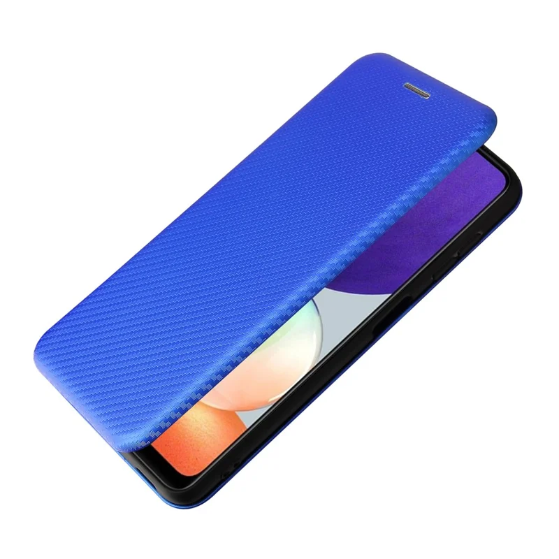 For Samsung Galaxy A22 4G (EU Version) Auto-absorbed Leather Case Carbon Fiber Texture Shock-proof Flip Cover with Card Holder and Ring Strap - Blue