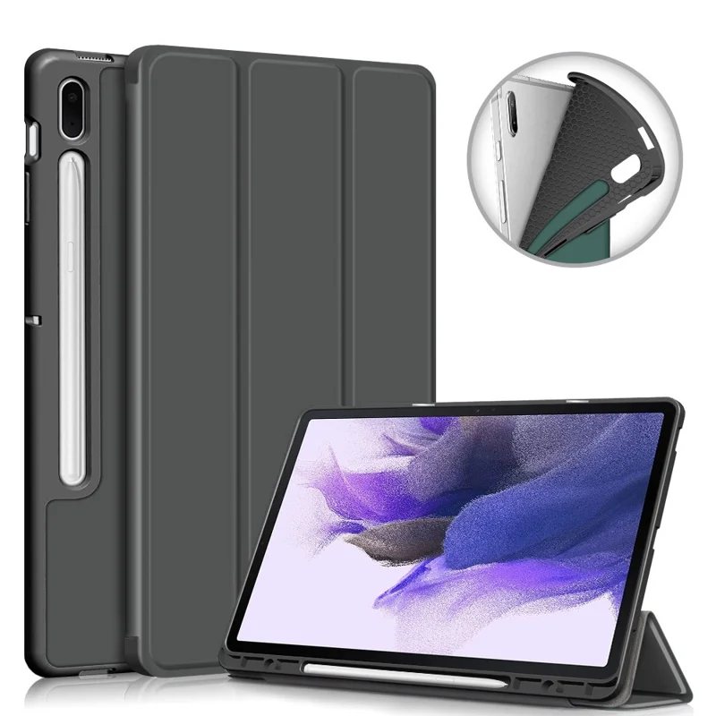 Tri-fold Stand Design TPU + PU Læderdæksel med Pennelomme til Samsung Galaxy Tab S7 FE T736 / Tab S7+ / Tab S8+ - Grå