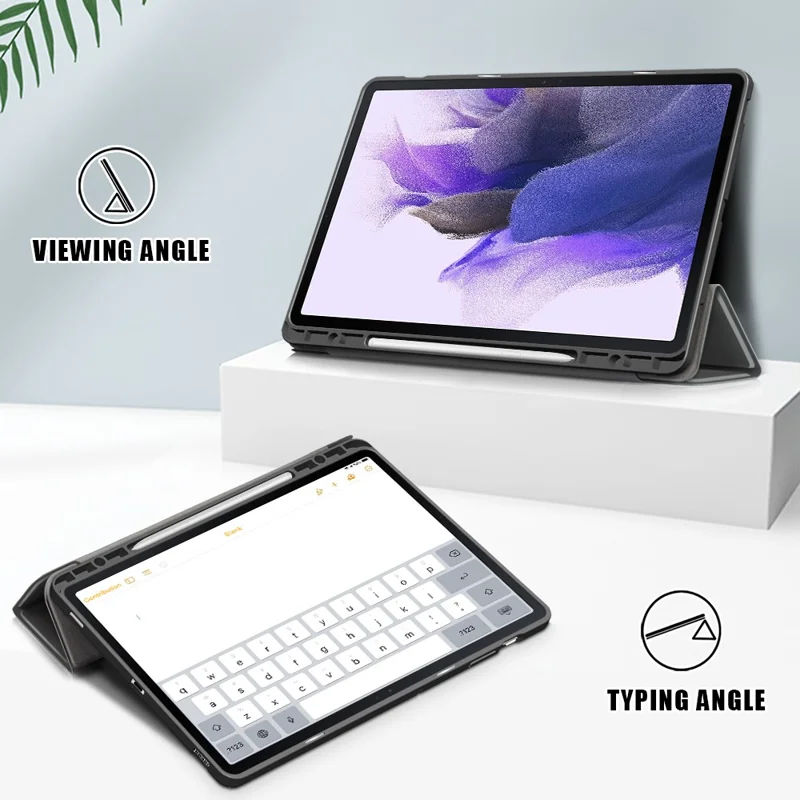 Tri-fold Stand Design TPU + PU Læderdæksel med Pennelomme til Samsung Galaxy Tab S7 FE T736 / Tab S7+ / Tab S8+ - Grå