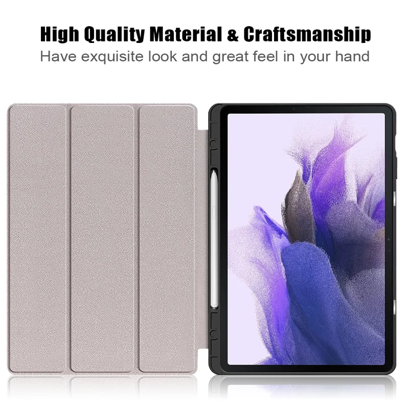 Tri-fold Stand Design TPU + PU Læderdæksel med Pennelomme til Samsung Galaxy Tab S7 FE T736 / Tab S7+ / Tab S8+ - Grå