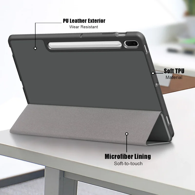 Tri-fold Stand Design TPU + PU Læderdæksel med Pennelomme til Samsung Galaxy Tab S7 FE T736 / Tab S7+ / Tab S8+ - Grå