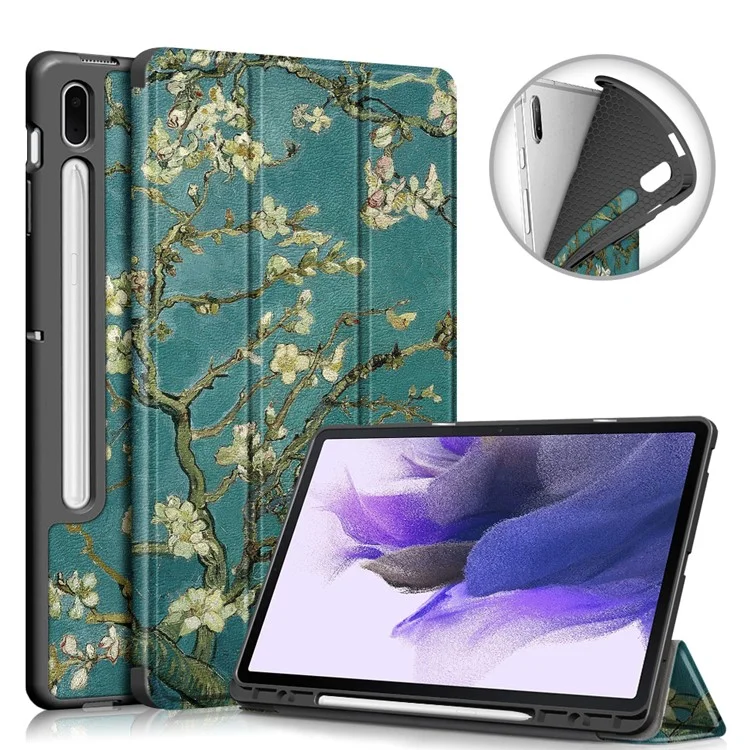 Pattern Printing Tri-fold Stand Design TPU Leather Tablet Case with Pen Slot for Samsung Galaxy Tab S7 FE T736 / Tab S7+ / Tab S8+ - Flowers