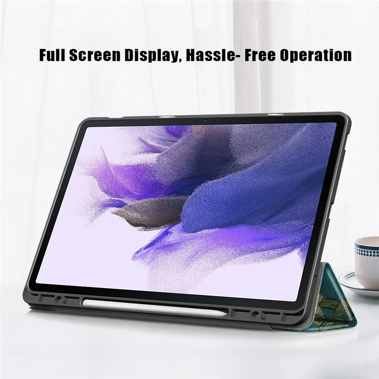 Musterdruck Tri-fold Stand Design TPU Leder Tablet Hülle Mit Stiftschlitz Für Samsung Galaxy Tab S7 fe T736/Tab S7 Plus/Tab S8+ - Blumen