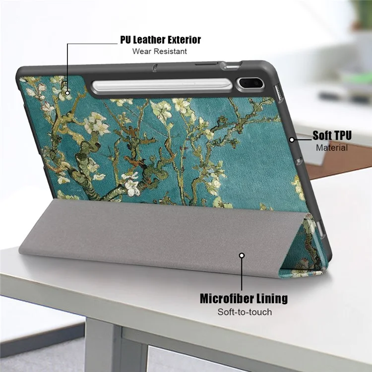 Pattern Printing Tri-fold Stand Design TPU Leather Tablet Case with Pen Slot for Samsung Galaxy Tab S7 FE T736 / Tab S7+ / Tab S8+ - Flowers