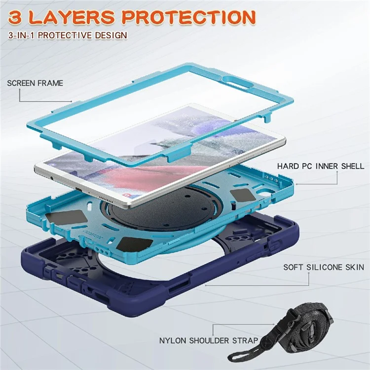 360 Grad Schwenkbares Kickstand-Design Hybrid-Tablet-Hülle mit Schultergurt (Stil B) für Samsung Galaxy Tab A7 Lite 8,7 Zoll - Navy Blue/Blue
