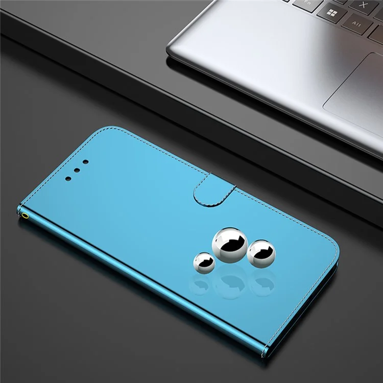 Wallet Stand Mirror-like Surface Leather Case for Samsung Galaxy A22 4G (EU Version) - Blue