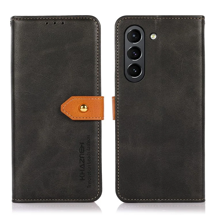 KHAZNEH Golden Magnetic Clasp Stand Wallet Design PU Leather Case for Samsung Galaxy S21 FE - Black