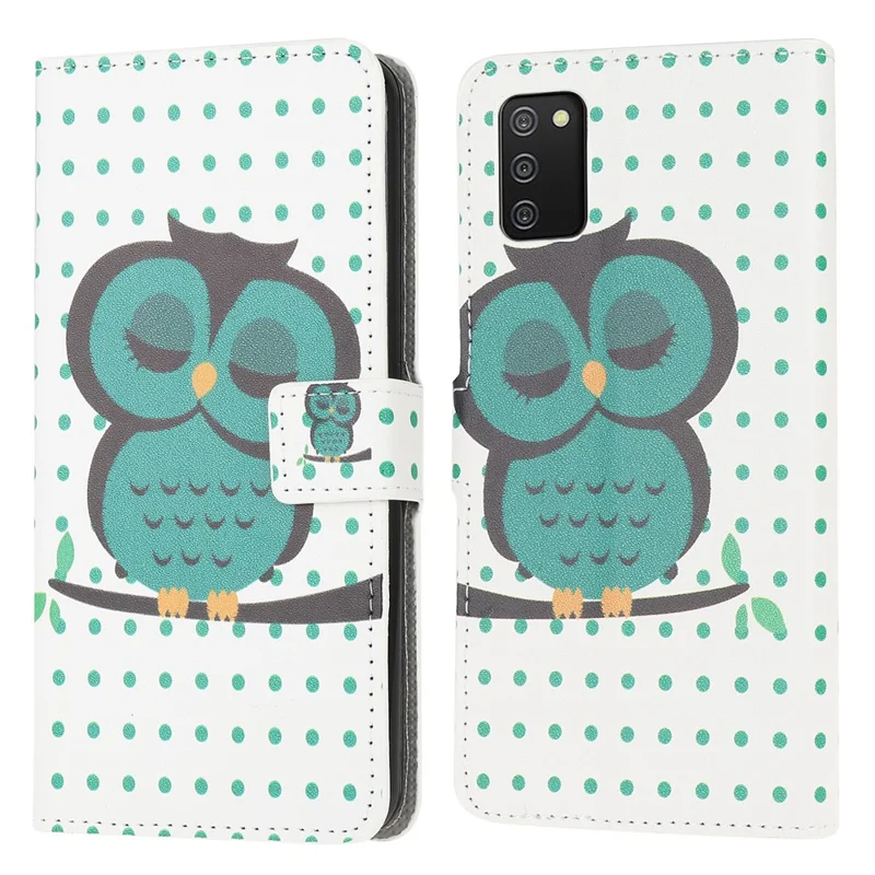 Pattern Printing Full Protection Stand Wallet Design Leather Phone Case for Samsung Galaxy A03s (166.5mm) - Green Owl