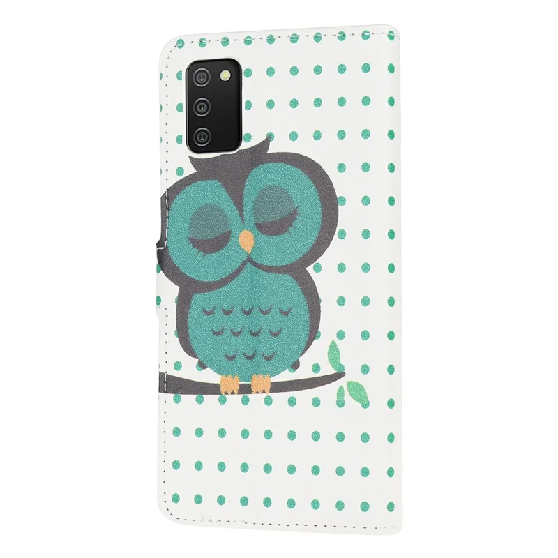 Pattern Printing Full Protection Stand Wallet Design Leather Phone Case for Samsung Galaxy A03s (166.5mm) - Green Owl