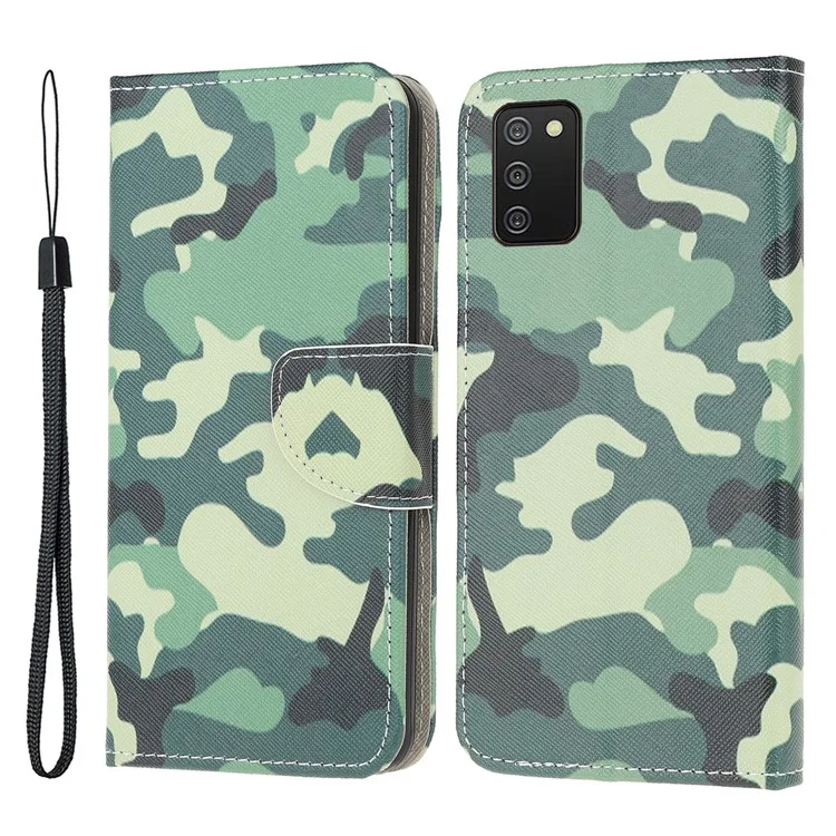 Pattern Printing Cross Texture Leather Wallet Stand Case with Lanyard for Samsung Galaxy A03s (166.5 x 75.98 x 9.14mm) - Camouflage