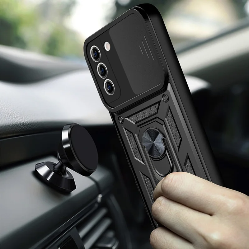 Camera Push Window Phone Case Cover with Ring Holder Kickstand for Samsung Galaxy S21 FE - Gold