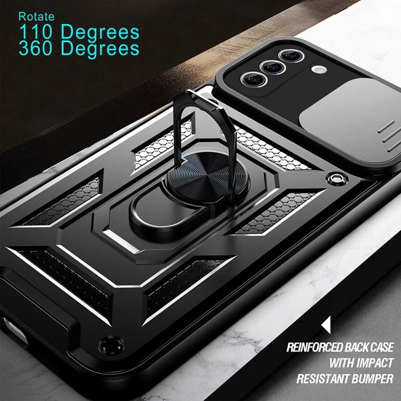 Camera Push Window Phone Case Cover with Ring Holder Kickstand for Samsung Galaxy S21 FE - Gold