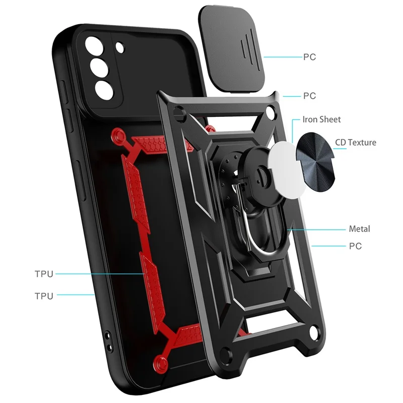 Camera Push Window Phone Case Cover with Ring Holder Kickstand for Samsung Galaxy S21 FE - Gold