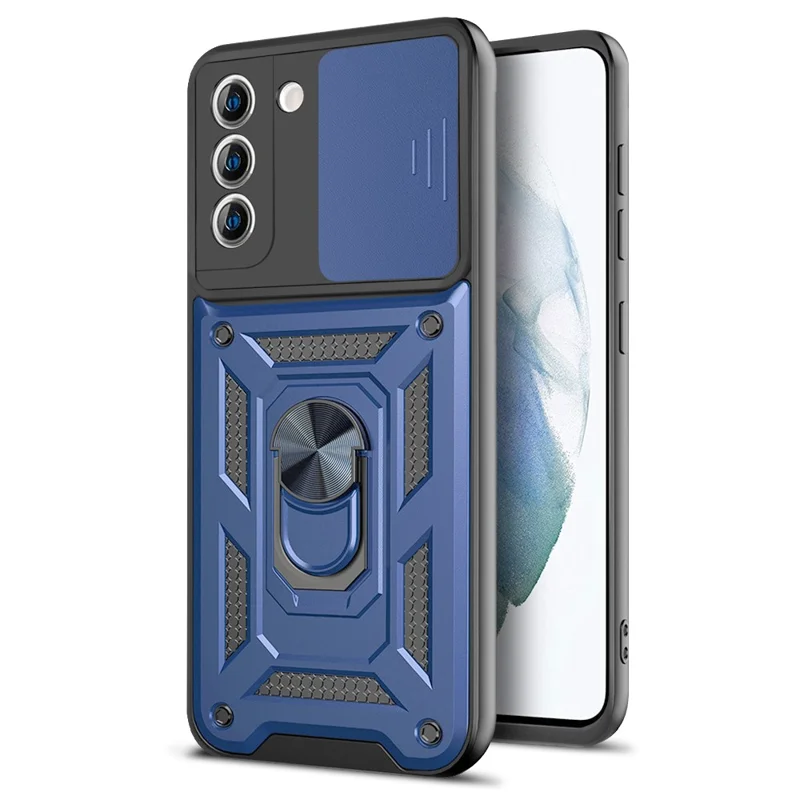 Capa de telefone com suporte anelar e suporte para Samsung Galaxy S21 FE - Azul 