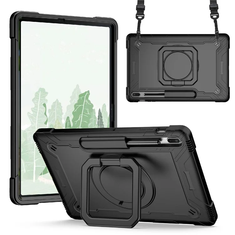 Shockproof Tablet Case PC + TPU + Silicone Cover with Rotating Kickstand and Shoulder Strap for Samsung Galaxy Tab S8+ / S7 FE / Tab S7+ - Black