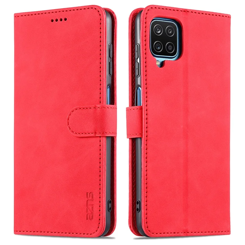 AZNS PU Leather Phone Cover Wallet Case with Stand for Samsung Galaxy A12 - Red