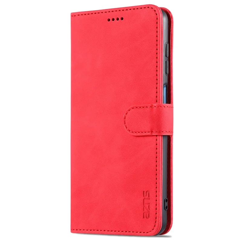 AZNS PU Leather Phone Cover Wallet Case with Stand for Samsung Galaxy A12 - Red