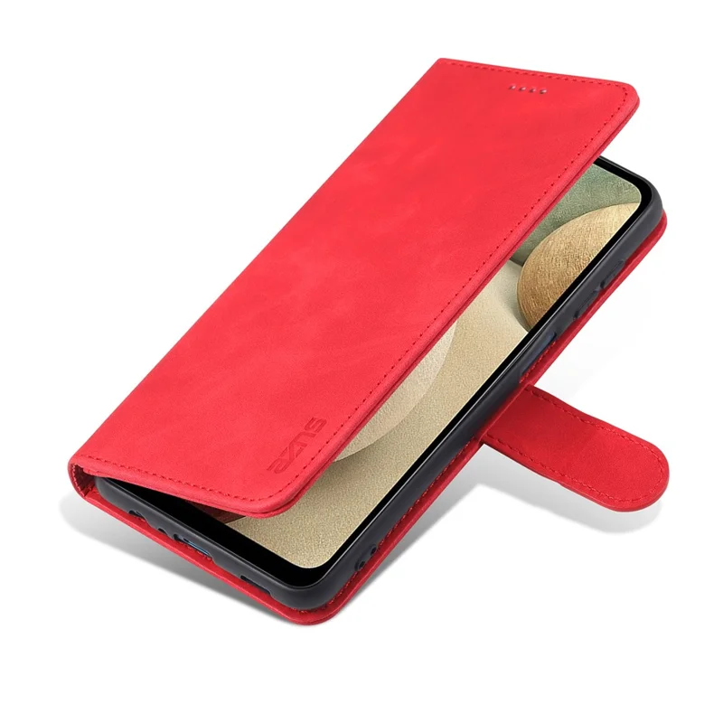 AZNS PU Leather Phone Cover Wallet Case with Stand for Samsung Galaxy A12 - Red