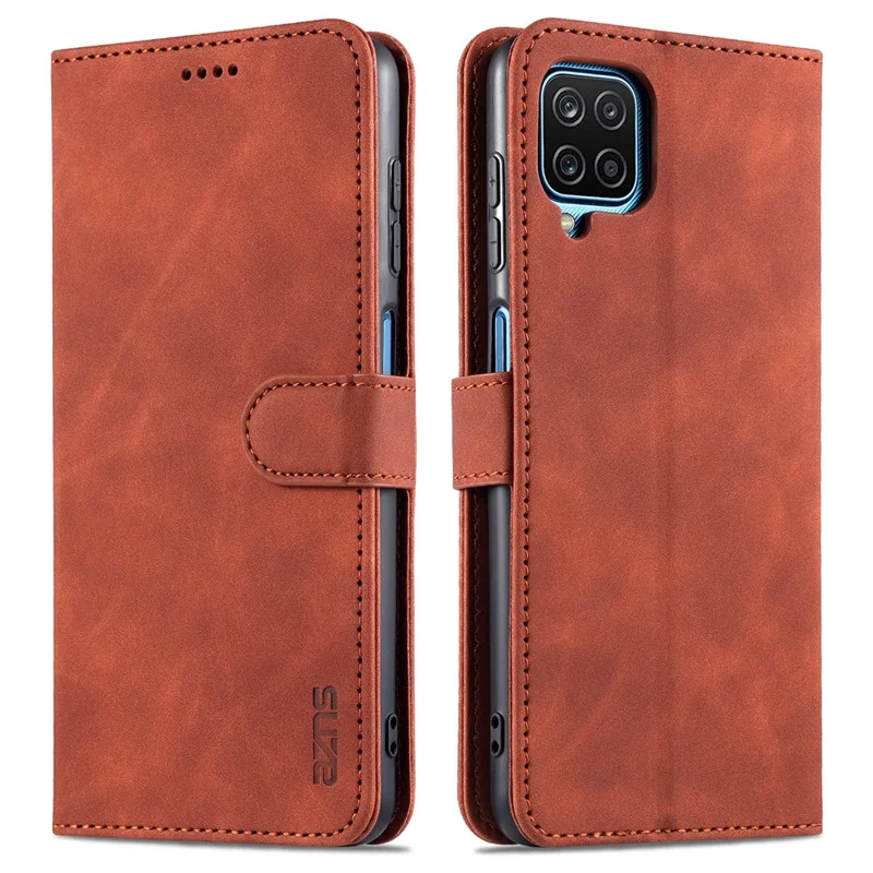 AZNS PU Leather Phone Cover Wallet Case with Stand for Samsung Galaxy A12 - Brown