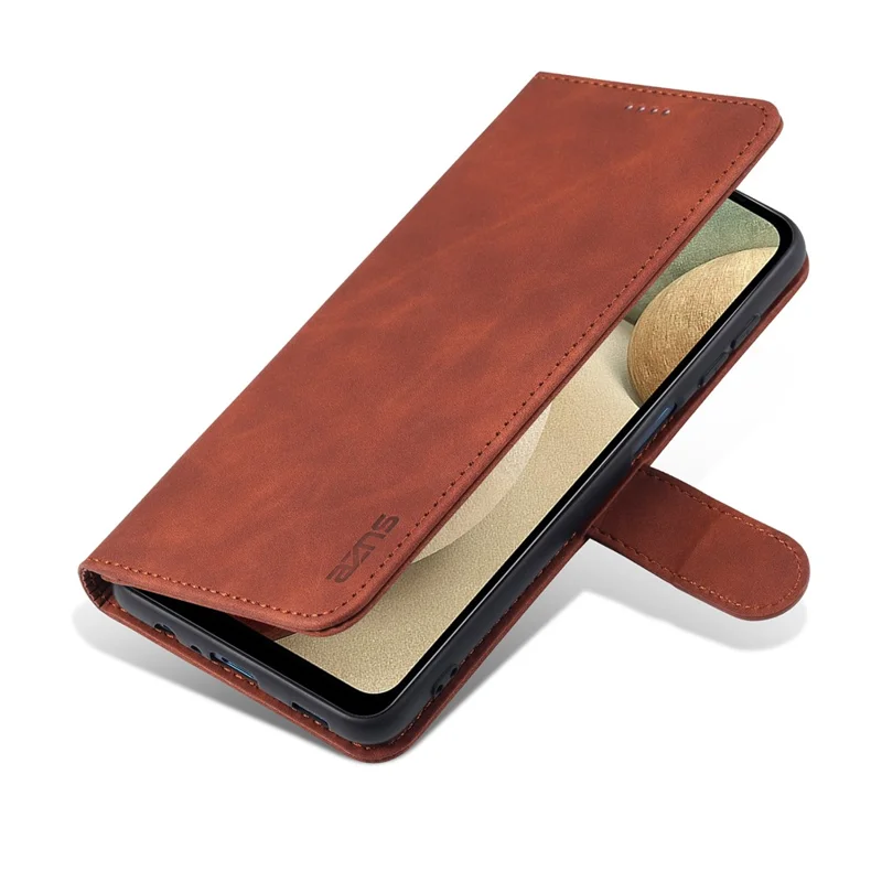 AZNS PU Leather Phone Cover Wallet Case with Stand for Samsung Galaxy A12 - Brown