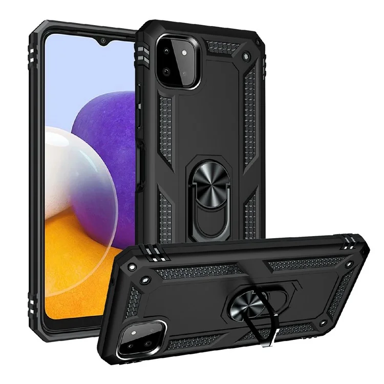 Shock-Absorbed PC + TPU Combo Hybrid Phone Shell with Ring Kickstand for Samsung Galaxy A22 5G (EU Version) - Black