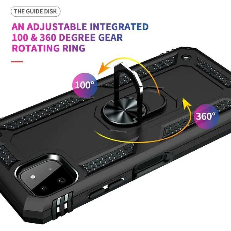 Shock-Absorbed PC + TPU Combo Hybrid Phone Shell with Ring Kickstand for Samsung Galaxy A22 5G (EU Version) - Black