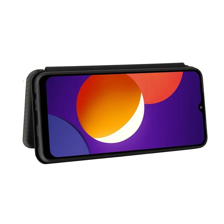 Tarjeta de Crédito con Textura de Fibra de Carbono Absorbida Automáticamente Funda de Teléfono de Cuero para Samsung Galaxy M12/F12 - Negro