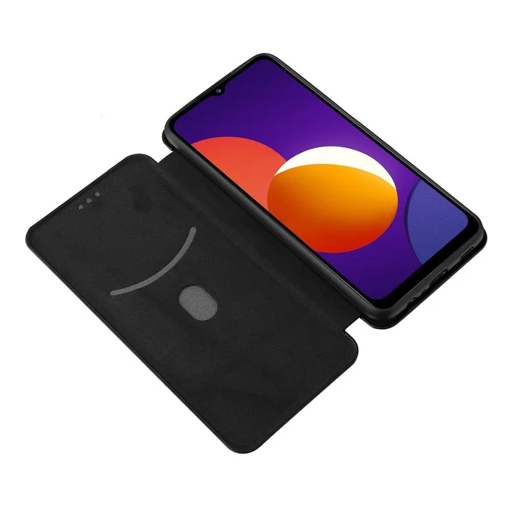 Tarjeta de Crédito con Textura de Fibra de Carbono Absorbida Automáticamente Funda de Teléfono de Cuero para Samsung Galaxy M12/F12 - Negro
