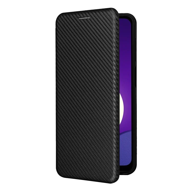 Tarjeta de Crédito con Textura de Fibra de Carbono Absorbida Automáticamente Funda de Teléfono de Cuero para Samsung Galaxy M12/F12 - Negro