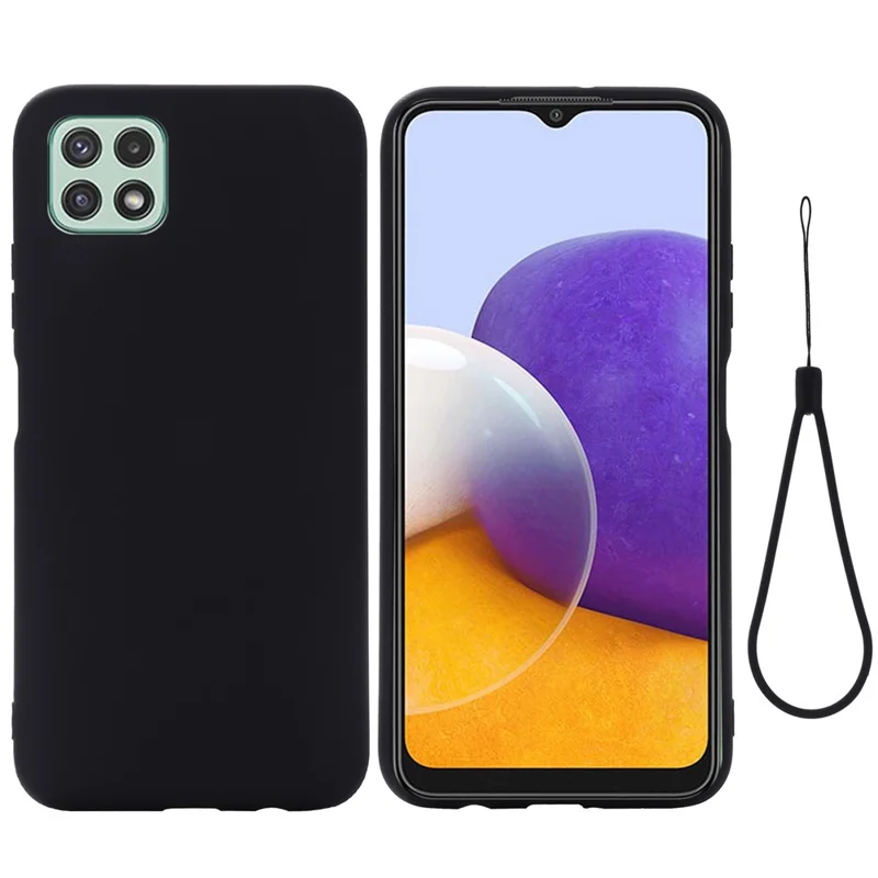 For Samsung Galaxy A22 5G (EU Version) Liquid Silicone Phone Case Shockproof Protective Cover with Handy Strap - Black