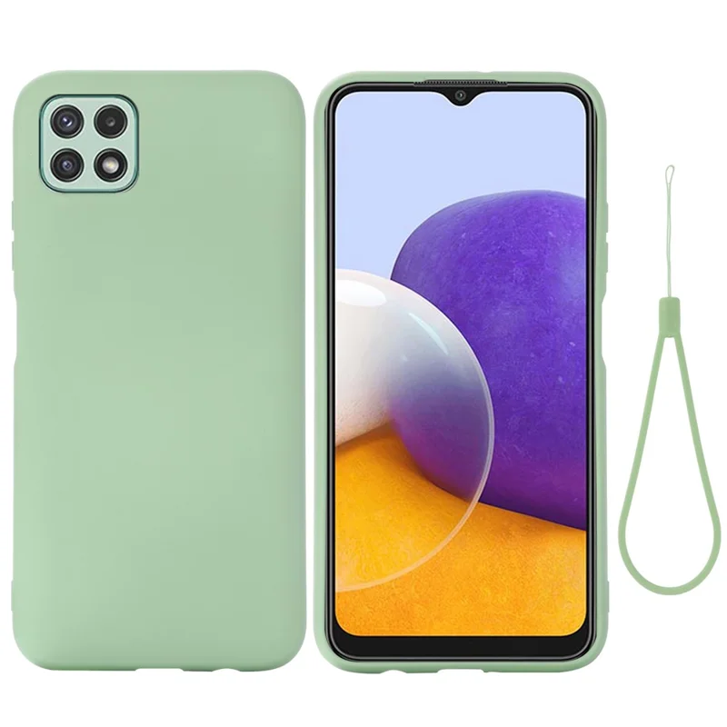 For Samsung Galaxy A22 5G (EU Version) Liquid Silicone Phone Case Shockproof Protective Cover with Handy Strap - Green