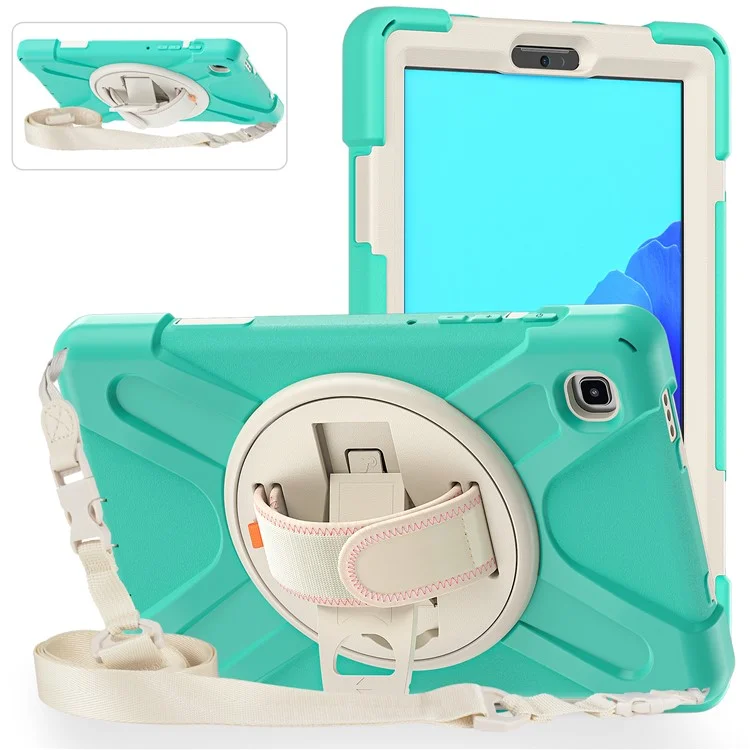 Heavy Duty Shockproof PC + Silicone Cover with 360 Degree Swivel Kickstand Shoulder Strap for Samsung Galaxy Tab A7 Lite 8.7-inch - Cyan / White