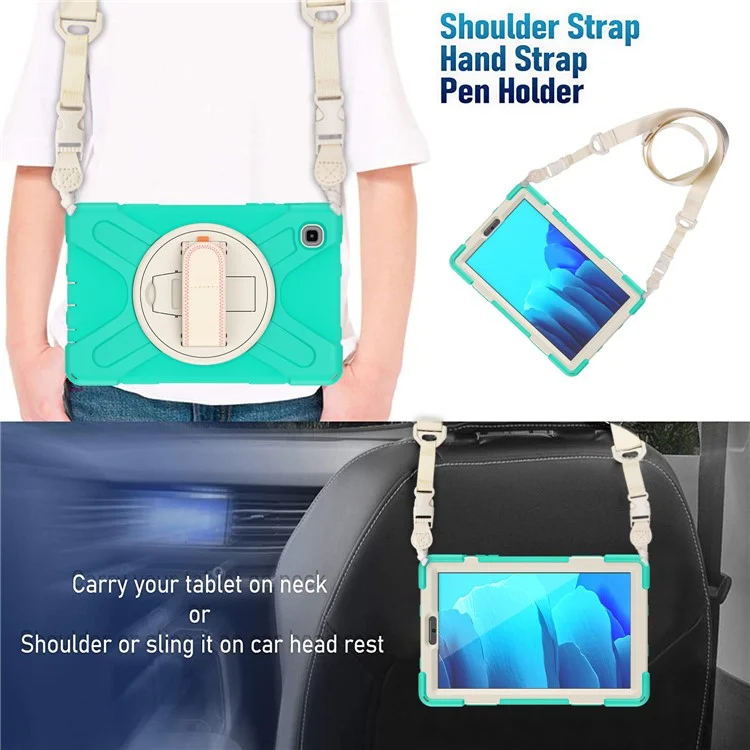 Heavy Duty Shockproof PC + Silicone Cover with 360 Degree Swivel Kickstand Shoulder Strap for Samsung Galaxy Tab A7 Lite 8.7-inch - Cyan / White