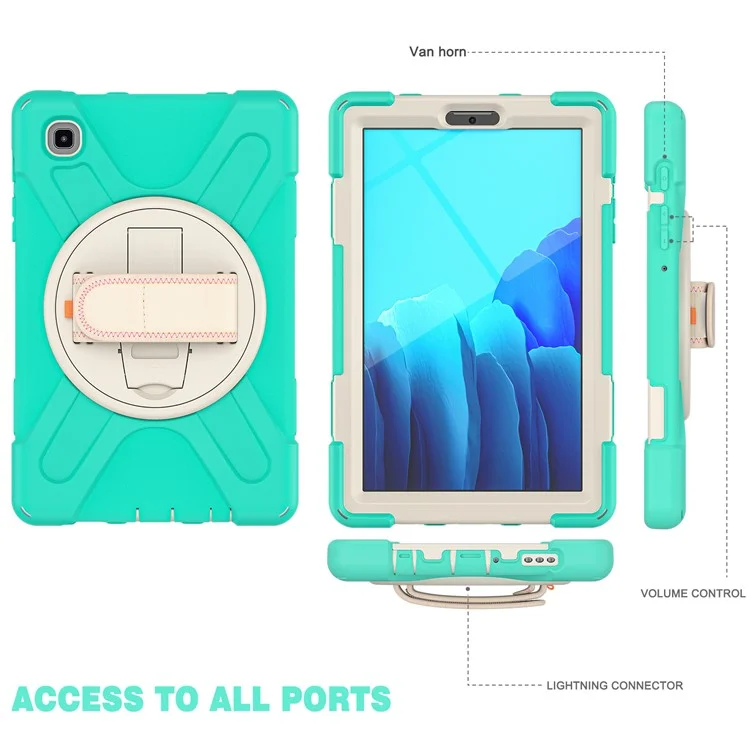 Heavy Duty Shockproof PC + Silicone Cover with 360 Degree Swivel Kickstand Shoulder Strap for Samsung Galaxy Tab A7 Lite 8.7-inch - Cyan / White