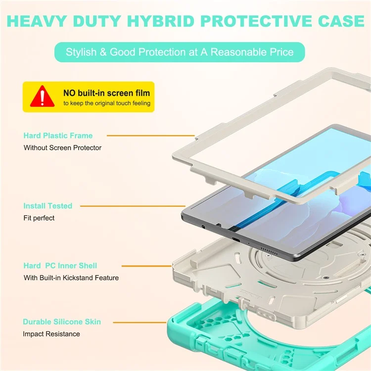 Heavy Duty Shockproof PC + Silicone Cover with 360 Degree Swivel Kickstand Shoulder Strap for Samsung Galaxy Tab A7 Lite 8.7-inch - Cyan / White