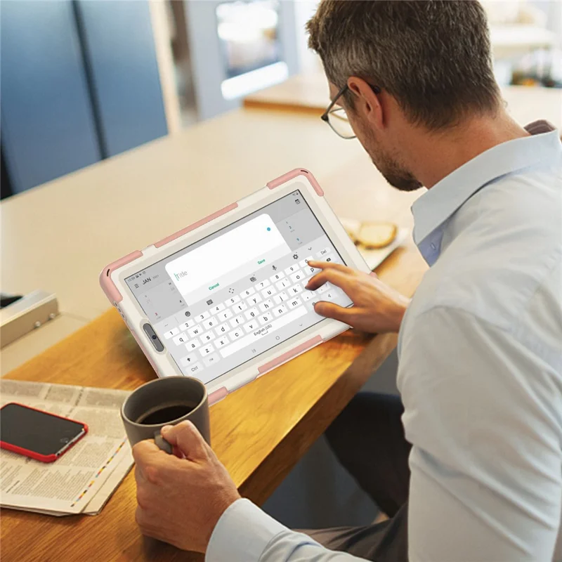 Tampa de PC + de Silicone à Prova de Choque Pesado Com Alça de Kickstand de 360 ​​graus & Alça de Ombro Para Samsung Galaxy Tab A7 Lite 8,7 Polegadas - Rosa/branco