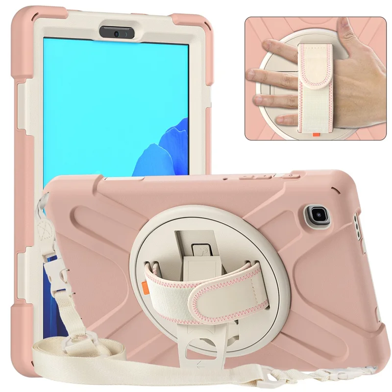 Tampa de PC + de Silicone à Prova de Choque Pesado Com Alça de Kickstand de 360 ​​graus & Alça de Ombro Para Samsung Galaxy Tab A7 Lite 8,7 Polegadas - Rosa/branco