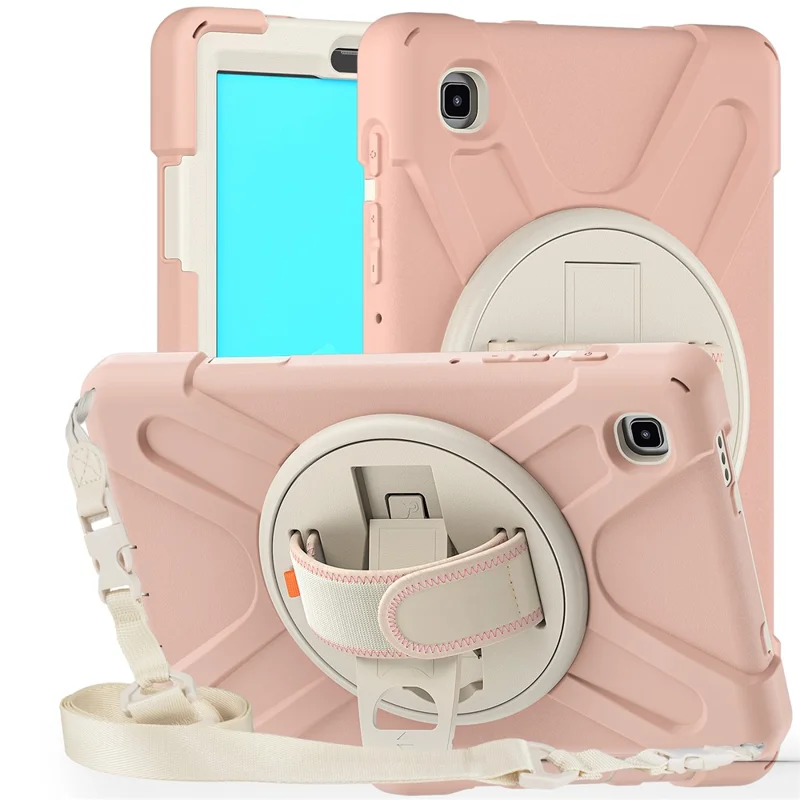 Tampa de PC + de Silicone à Prova de Choque Pesado Com Alça de Kickstand de 360 ​​graus & Alça de Ombro Para Samsung Galaxy Tab A7 Lite 8,7 Polegadas - Rosa/branco