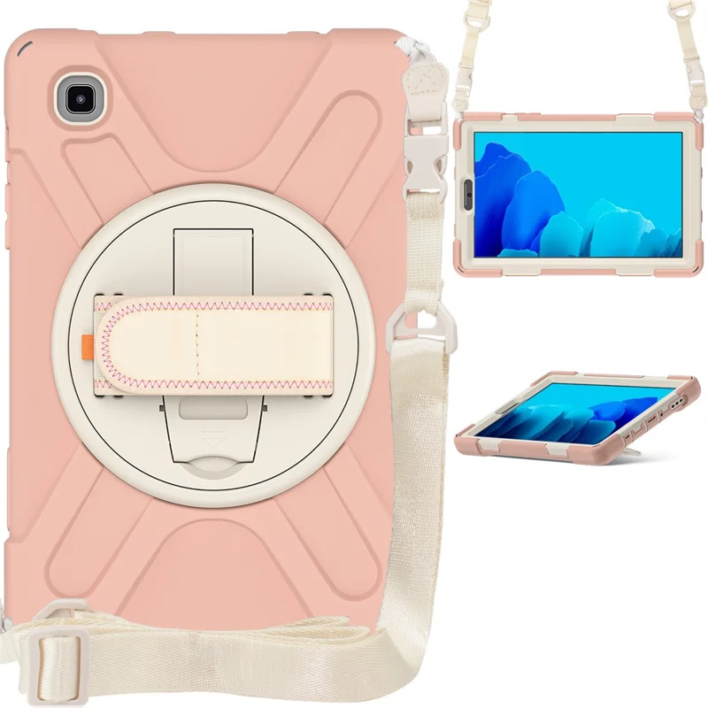 Tampa de PC + de Silicone à Prova de Choque Pesado Com Alça de Kickstand de 360 ​​graus & Alça de Ombro Para Samsung Galaxy Tab A7 Lite 8,7 Polegadas - Rosa/branco