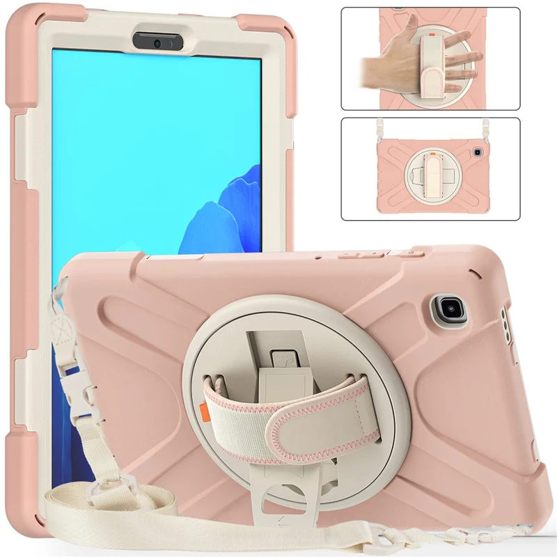 Tampa de PC + de Silicone à Prova de Choque Pesado Com Alça de Kickstand de 360 ​​graus & Alça de Ombro Para Samsung Galaxy Tab A7 Lite 8,7 Polegadas - Rosa/branco