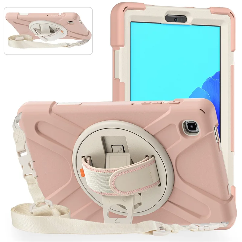Tampa de PC + de Silicone à Prova de Choque Pesado Com Alça de Kickstand de 360 ​​graus & Alça de Ombro Para Samsung Galaxy Tab A7 Lite 8,7 Polegadas - Rosa/branco
