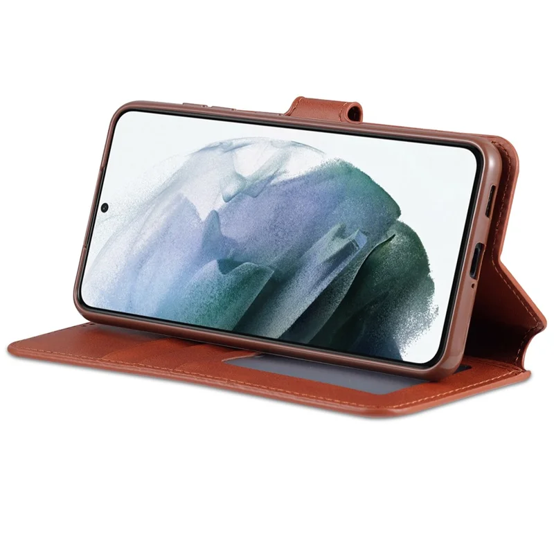 AZNS Leather Shell Cell Phone Wallet Stand Cover Case for Samsung Galaxy S21 FE - Brown