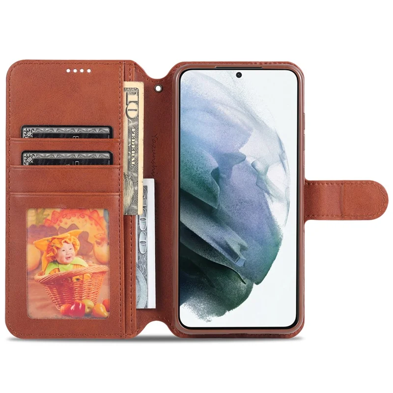 AZNS Leather Shell Cell Phone Wallet Stand Cover Case for Samsung Galaxy S21 FE - Brown
