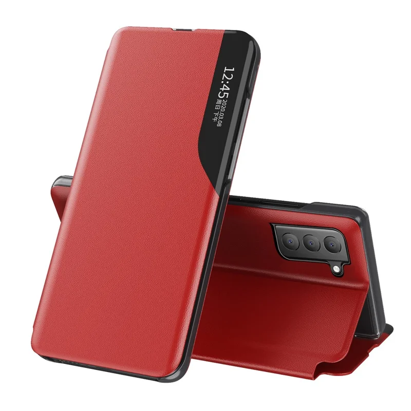 Case View Window PU Leather Stand Cover for Samsung Galaxy S21 FE - Red