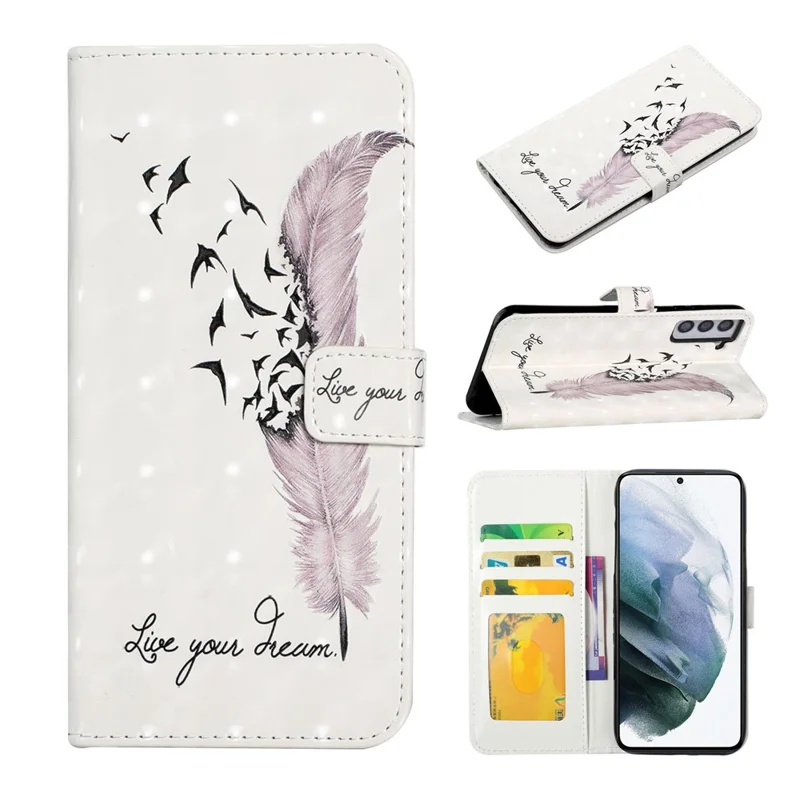 Ultra Wallet 3D Pattern Printing Style Premium PU Leather Flip Magnetic Closure Cover Case for Samsung Galaxy S21 FE - Pink Goose Feather