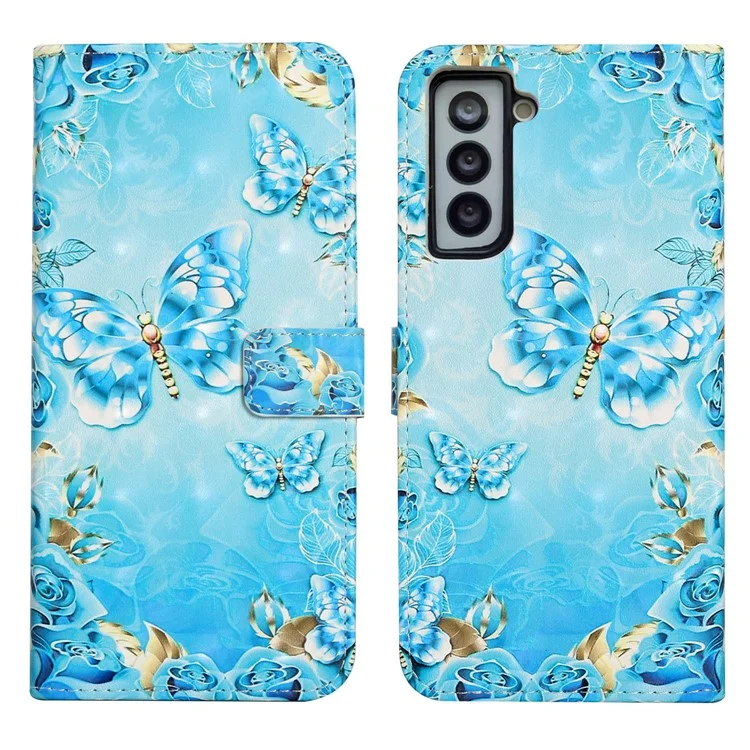 Full Body Shockproof 3D Pattern Printing PU Leather Folding Magnetic Stand Cover for Samsung Galaxy S21 5G/4G - Blue/Gold Butterfly