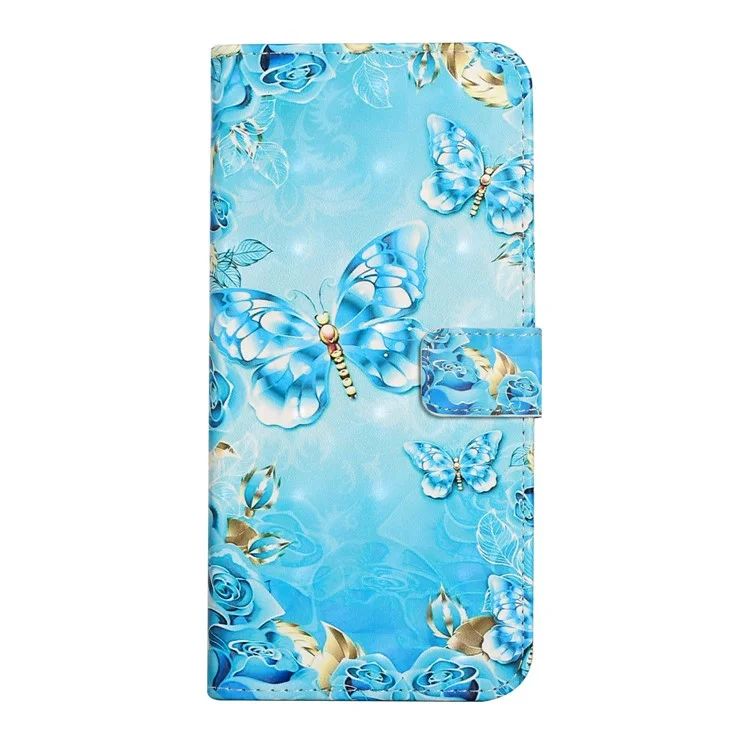 Full Body Shockproof 3D Pattern Printing PU Leather Folding Magnetic Stand Cover for Samsung Galaxy S21 5G/4G - Blue/Gold Butterfly