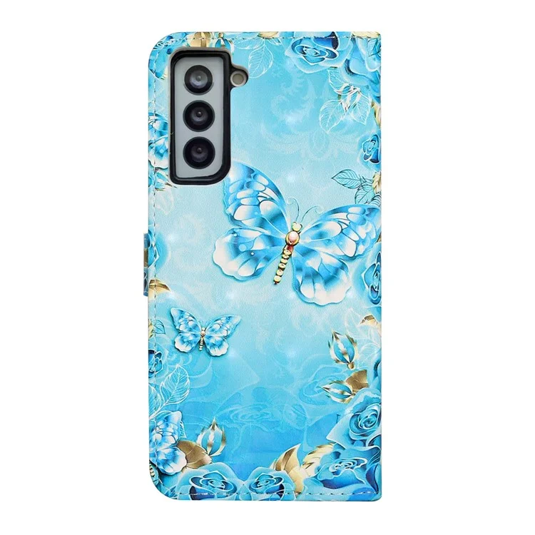 Full Body Shockproof 3D Pattern Printing PU Leather Folding Magnetic Stand Cover for Samsung Galaxy S21 5G/4G - Blue/Gold Butterfly