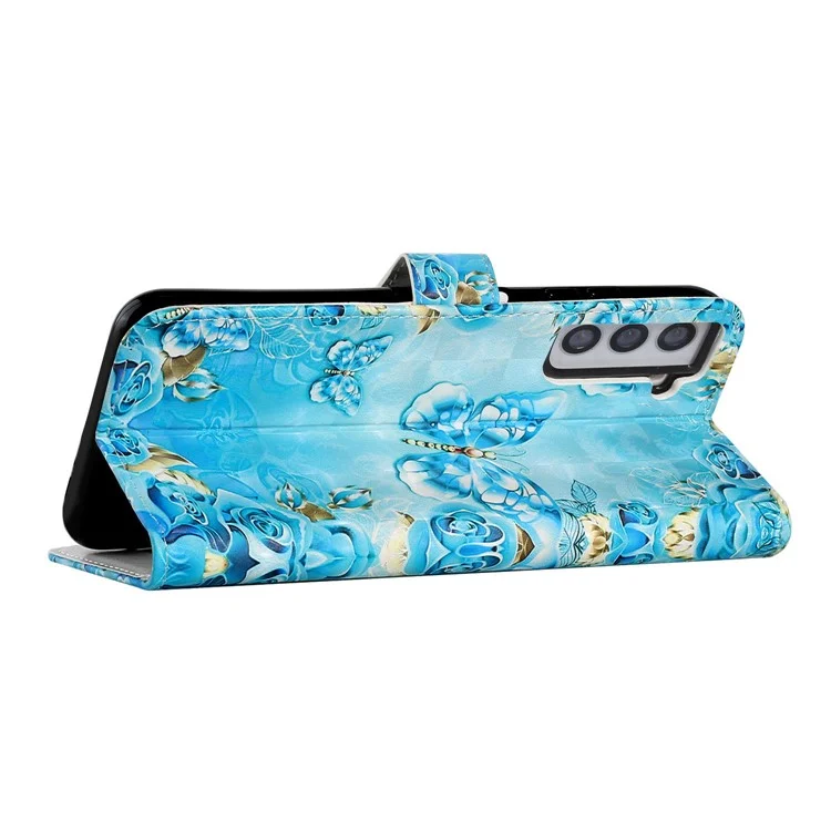 Full Body Shockproof 3D Pattern Printing PU Leather Folding Magnetic Stand Cover for Samsung Galaxy S21 5G/4G - Blue/Gold Butterfly